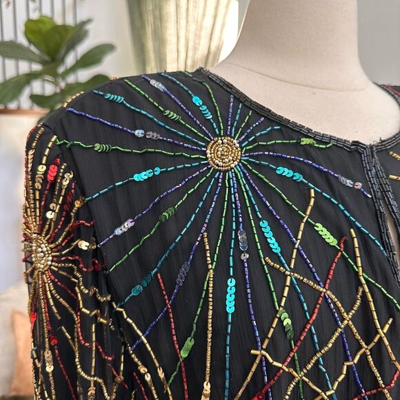 Vintage Laurence Kazar Silk Beaded Cardigan 2X Firework Colorful Evening NEW - Picture 3 of 16